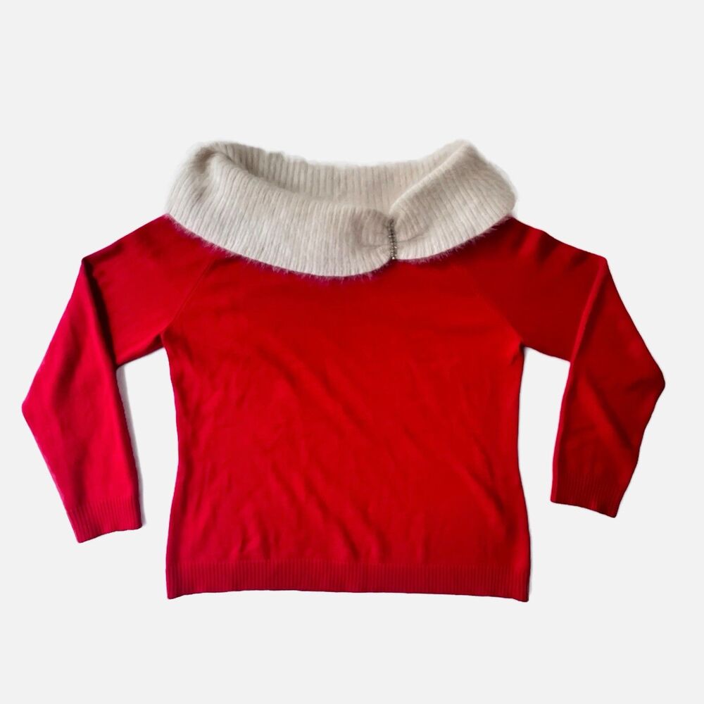 Berek Christmas Mrs. Claus Sweater Fur Cowl Neck Red Ivory Pullover Sequin XL